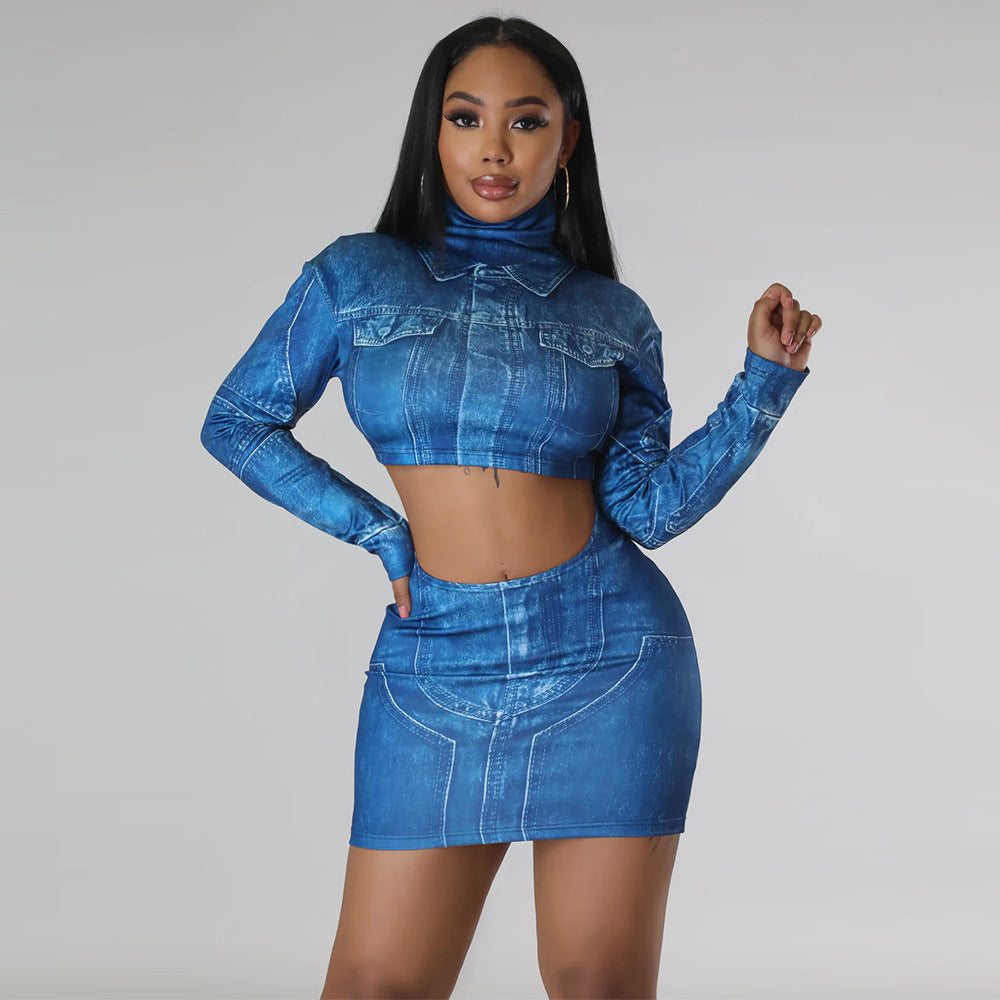 CY900338 Fashion semi-turtleneck long-sleeved short top with hip-wrapped short skirt, European and American printed two-piece set for women