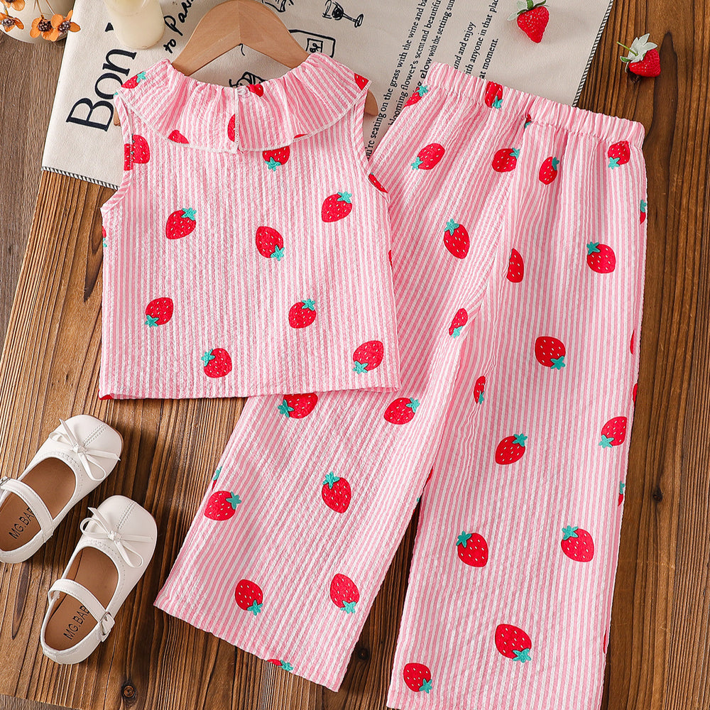Summer girls' pink striped strawberry sleeveless set - kids' ruffle collar bubble cotton tank top and wide-leg pants two-piece trendy outfit