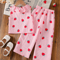 Summer girls' pink striped strawberry sleeveless set - kids' ruffle collar bubble cotton tank top and wide-leg pants two-piece trendy outfit