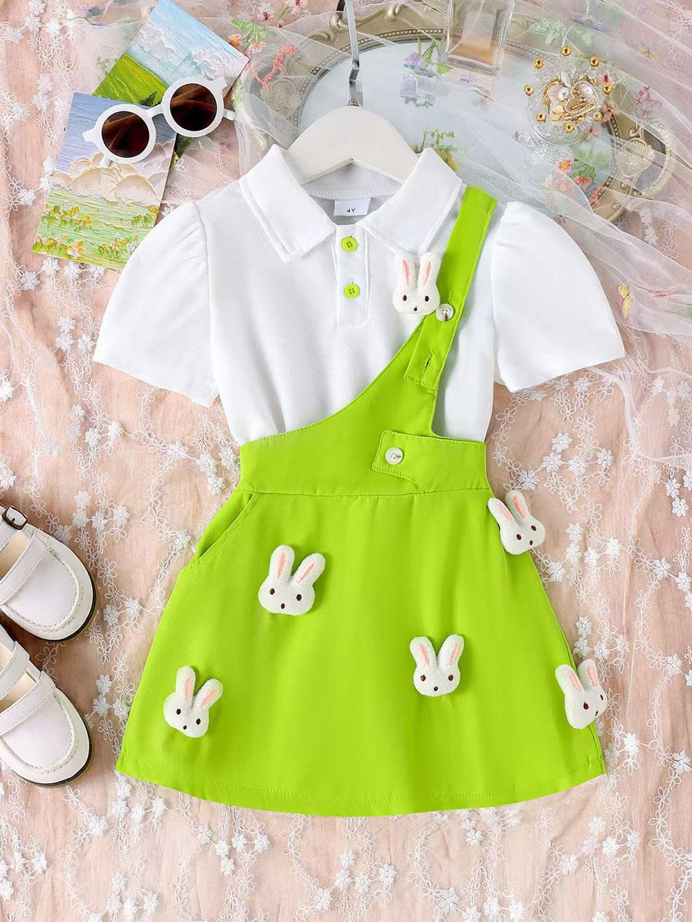 Children's clothing white tops + purple suspender skirt short-sleeved shirt with cute rabbit suspenders
