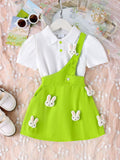 Children's clothing white tops + purple suspender skirt short-sleeved shirt with cute rabbit suspenders