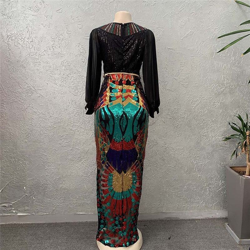 sourcing:  spring/autumn stretchy, elegant, plus-size, high-waisted, round neck, pullover, sequined bodycon maxi dress with belt