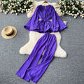 Sophisticated style niche styletwo-piece set women's loose waist tie backflare long sleeves pleated tops+high waistcasualpants