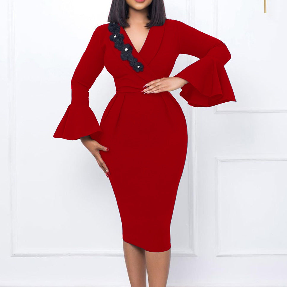 D3160 cross-border women's clothing  autumn/winter new arrival v-neck elegant flared sleeve slit bodycon foreign trade dress