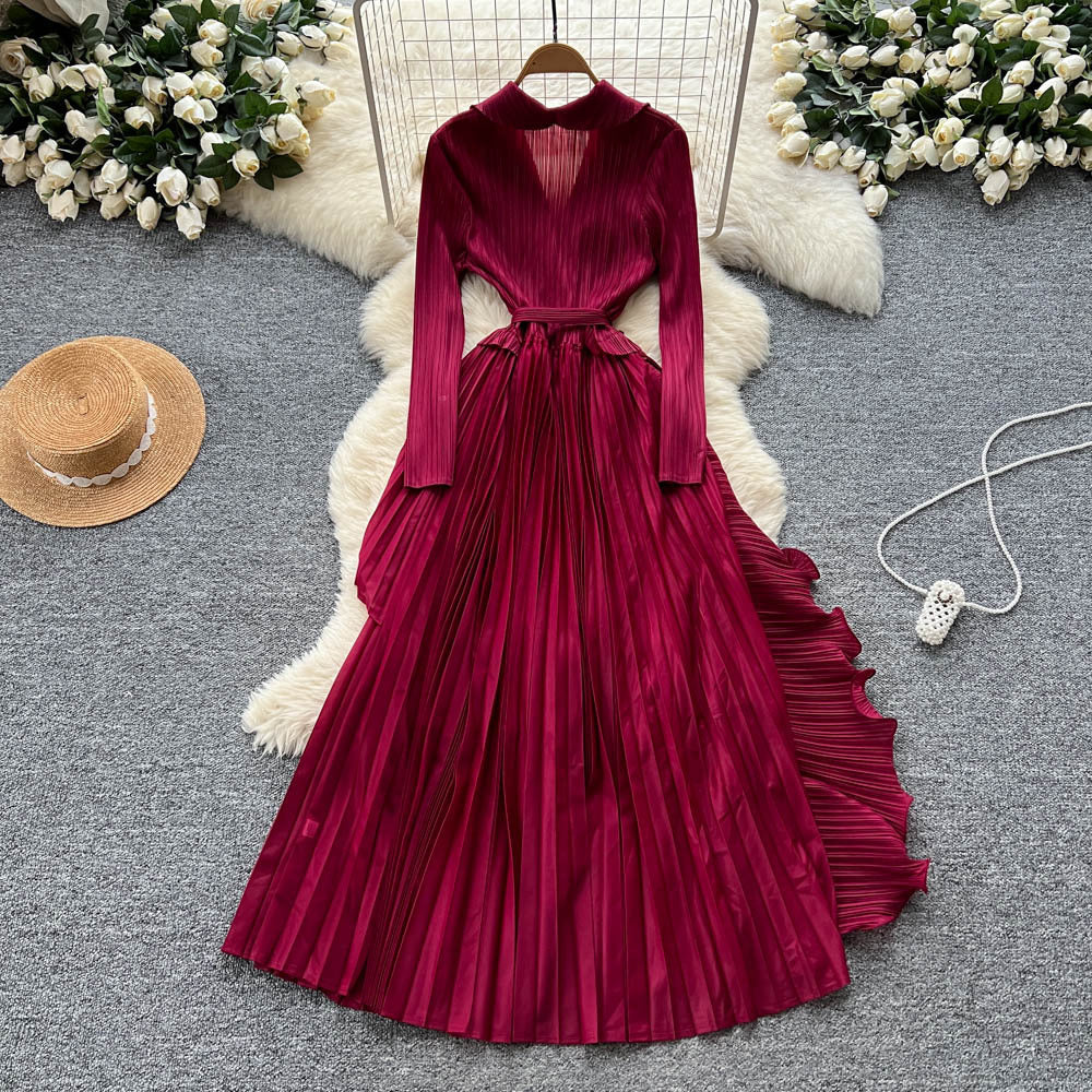 Miya pleated european and american dress women's  autumn sense of design strappy waist suit collar asymmetrical long skirt