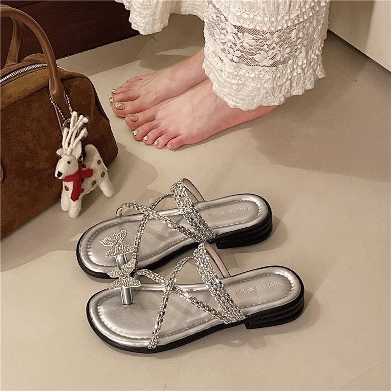 Women's rhinestone flip-flops sandals - summer 2025 new fashion, fairy style, perfect with skirts, flat beach slippers