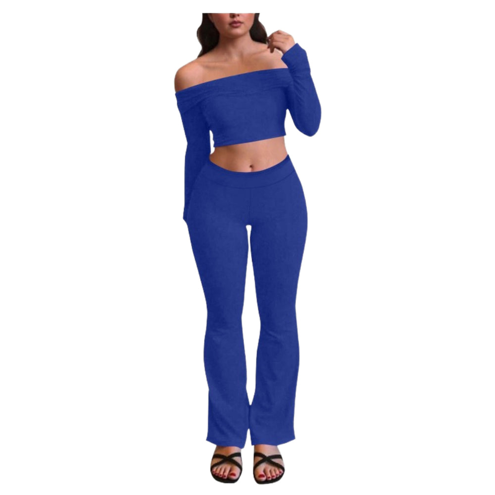 women's cross-border fashion casual slim-fit off-the-shoulder long sleeve top and elastic waist long pants tracksuit set