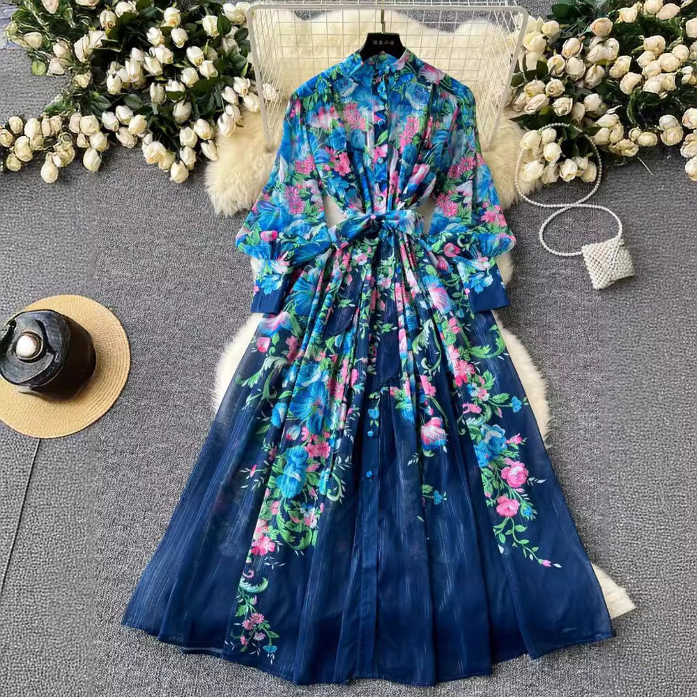 European and american print dress - women's stand collar long sleeve high-end cinched waist tie-up maxi dress - niche french chiffon fairy style