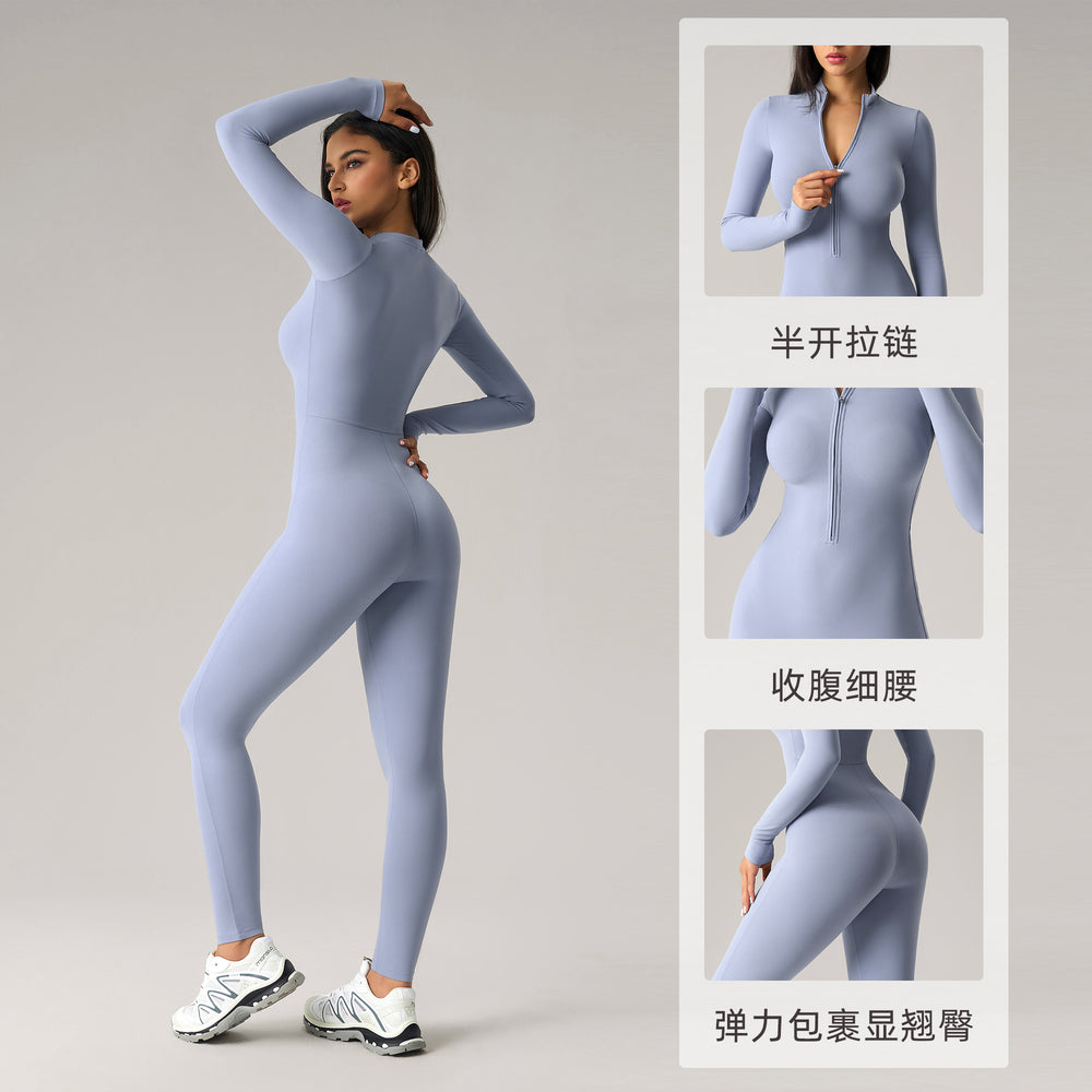 European and american high-stretch bodysuit yoga outfit - half-zip long sleeve workout suit - peach lift butt yoga leggings dlt002