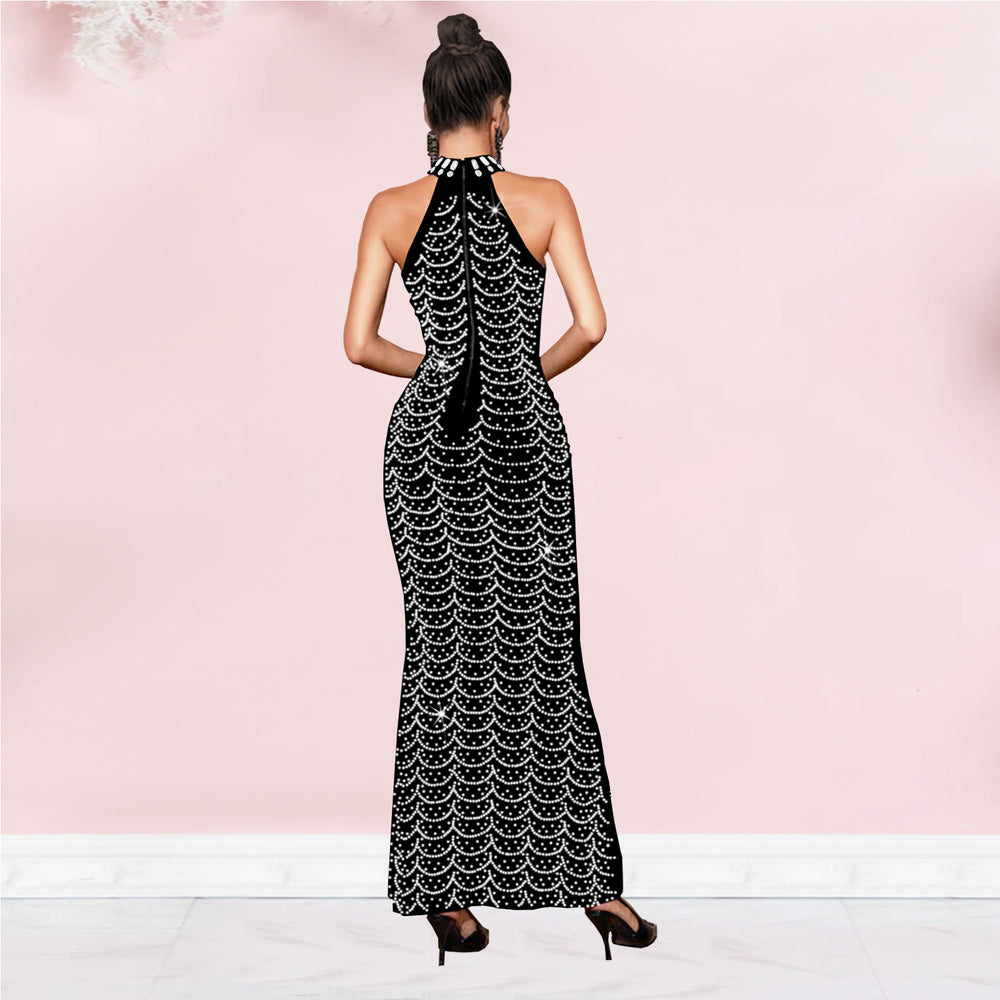 C7140 cross-border   fashion women's halter neck elegant maxi dress rhinestone slim fit dress