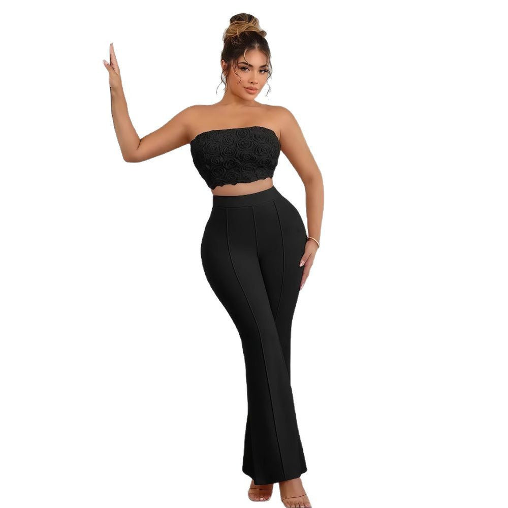 European and american cross-border women's fashion  summer new arrival: solid color exquisite small floral bandeau top and flared leggings two-piece set