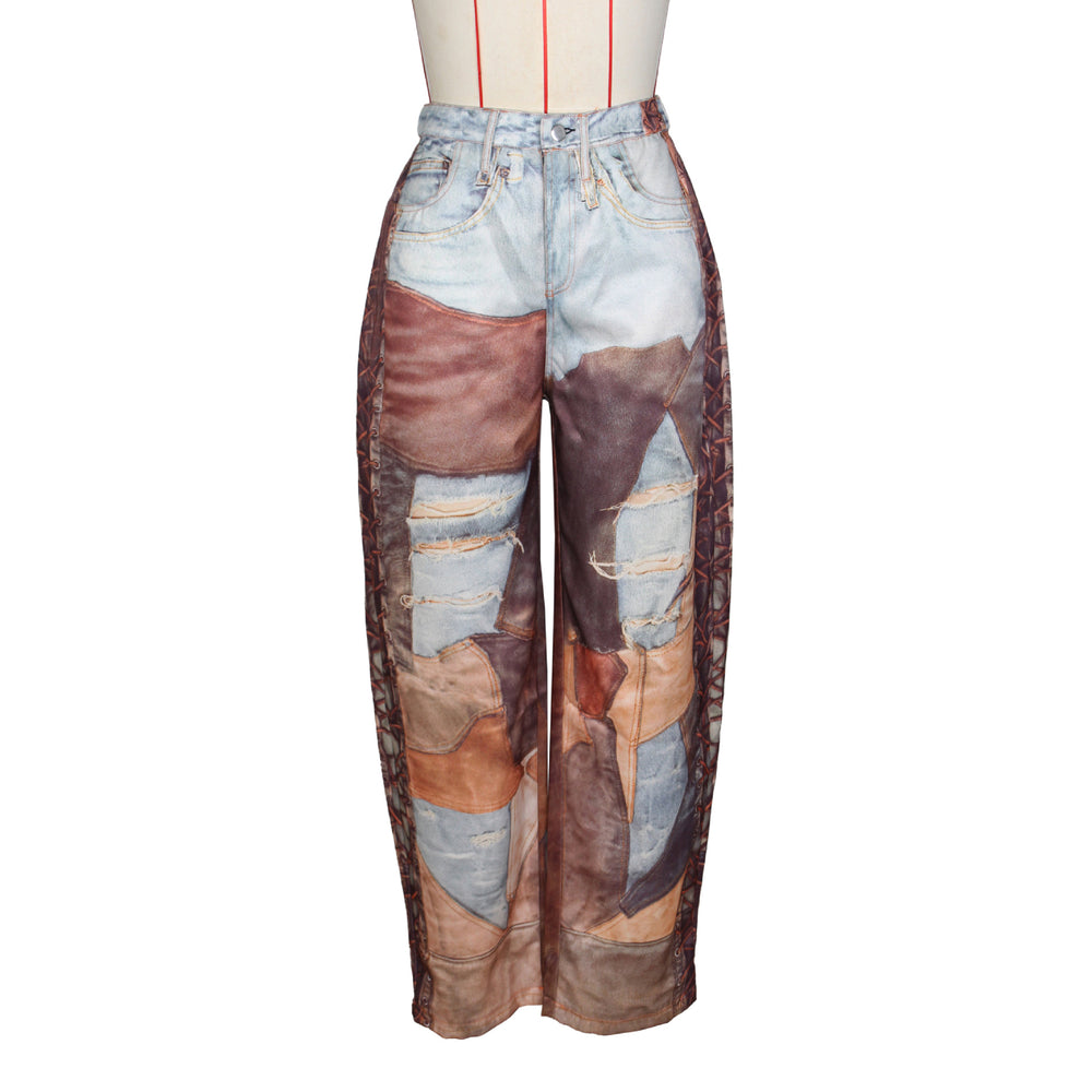 spring new arrival: cross-border distressed denim wide-leg cropped pants with chain, leather, and 3d print – women's casual trousers