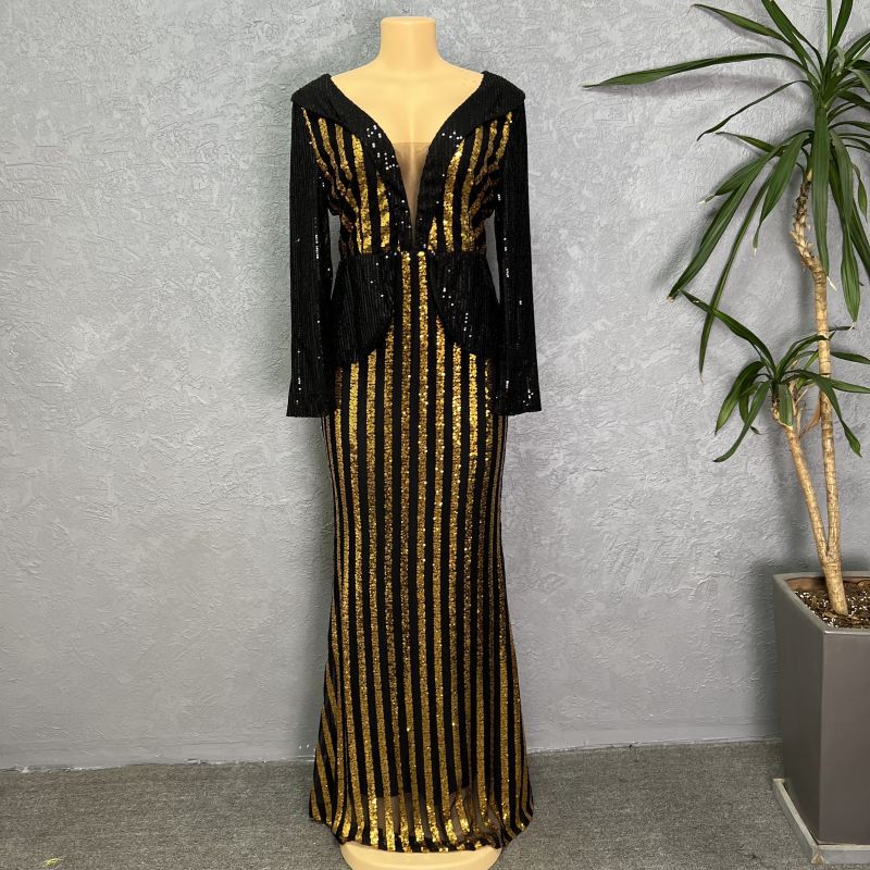 African cross-border  new arrival sequinfashion women's three-quarter sleeve fishtail long skirt sleeve fashion evening wear fashion