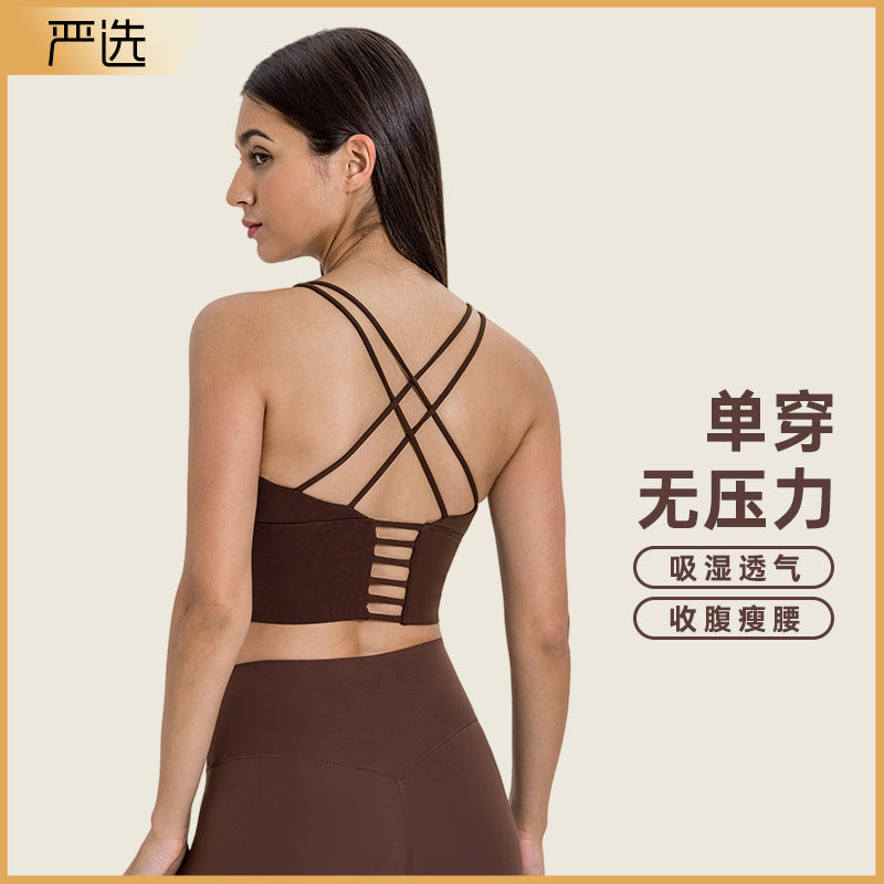 New arrival thin shoulder strap cross back sports intimates women's new arrivalsexybackless fitness yoga bra d19095