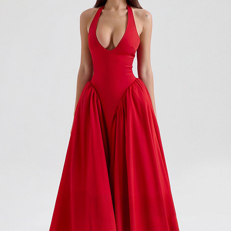cross-border e-commerce european and american women's clothing: new summer collection - elegant v-neck halter neck sexy evening dress