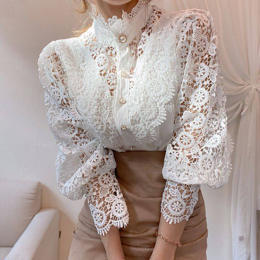 new women's lace French hollow lace long-sleeved stand-up collar cotton versatile women's shirt