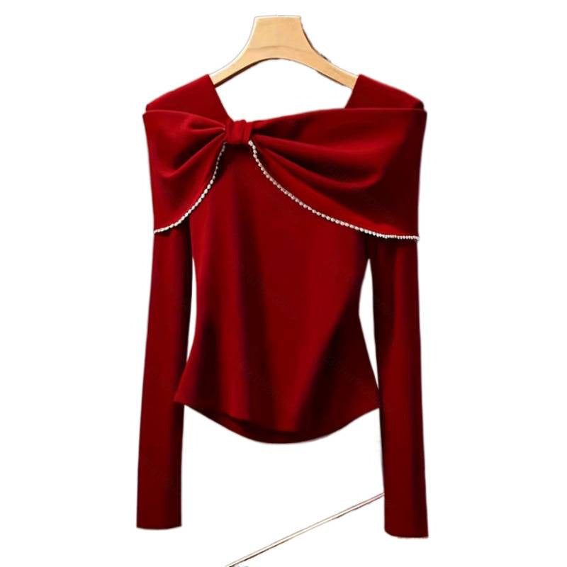 Women's new autumn/winter elegant romantic bow-decorated white lace trim slim-fit t-shirt - perfect for dates