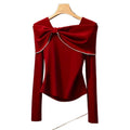 Women's new autumn/winter elegant romantic bow-decorated white lace trim slim-fit t-shirt - perfect for dates