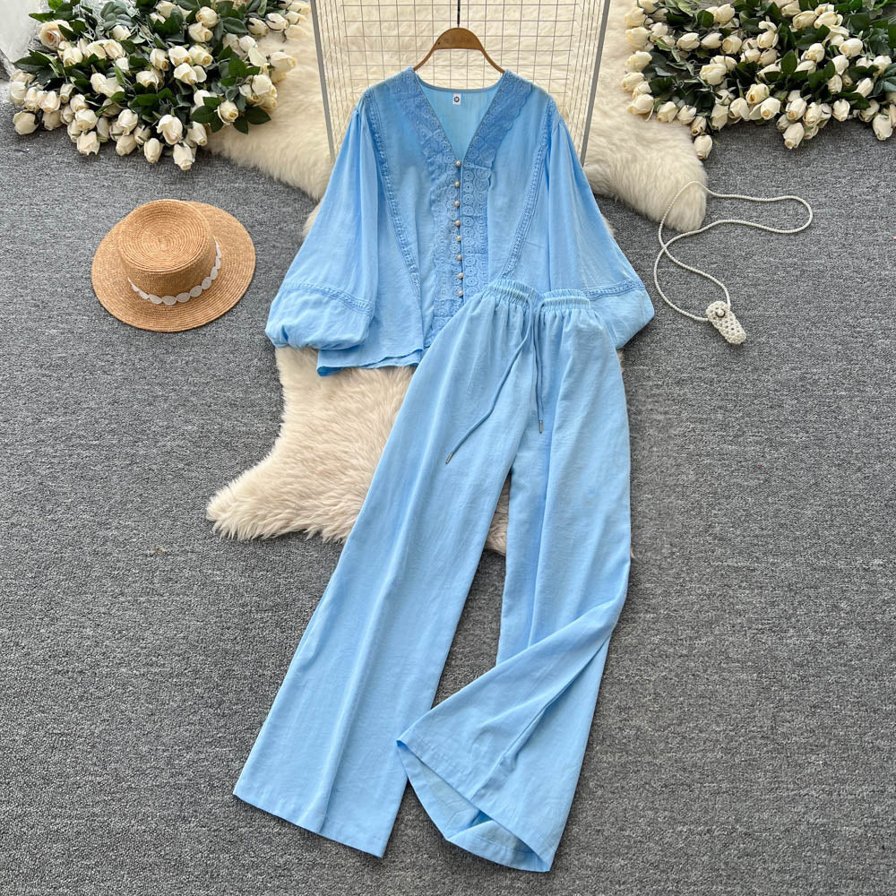 Classy sense of dressing for women autumloosecasuallacepatchwork lantern sleeve v neck shirt high waist wide leg straight-leg pants