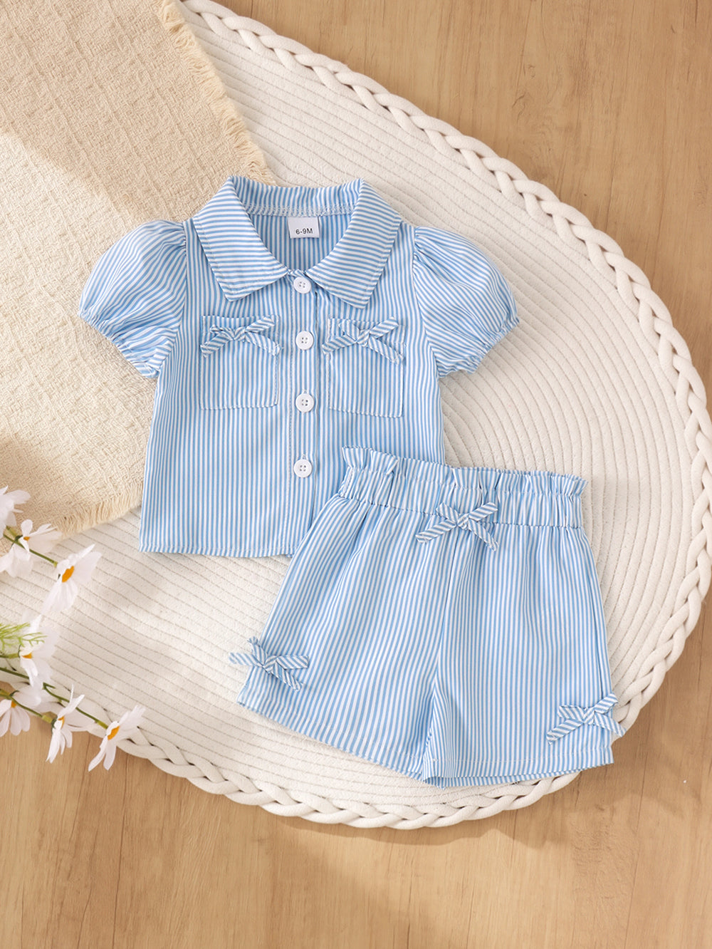 Children's clothing shein cross-border girlsuit blue stripesshirt+shorts