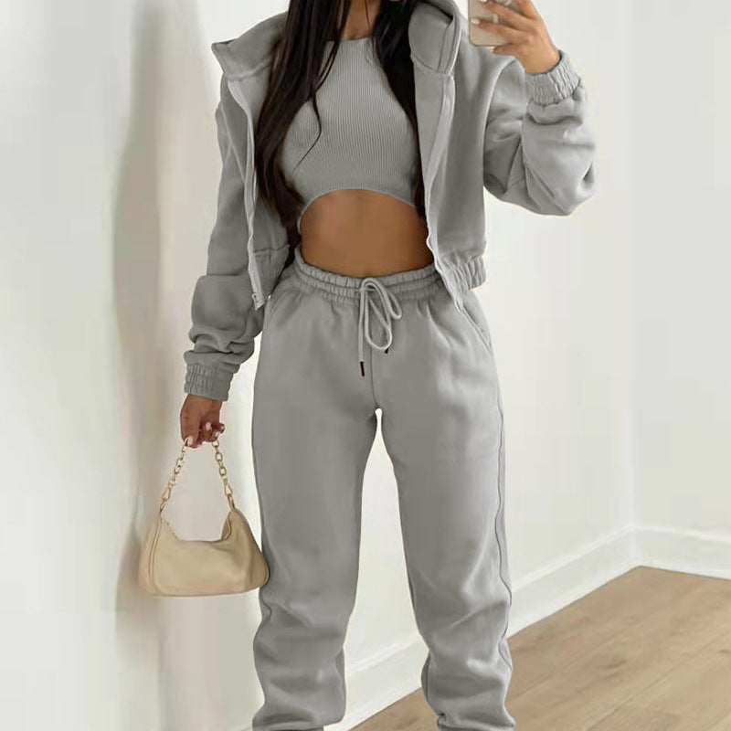 cross-border e-commerce european and american women's clothing: new summer collection - solid color casual activewear three-piece set (hoodie, sweatpants, and top)