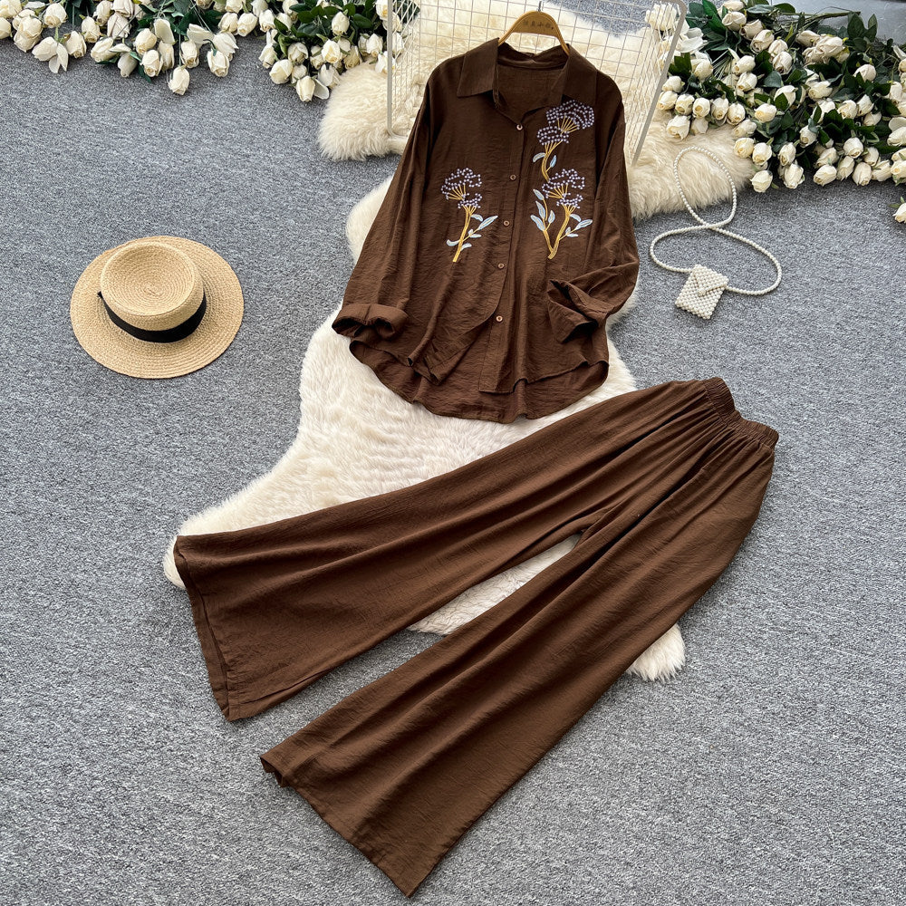 export lazy style embroidered long-sleeve shirt and wide-leg pants two-piece set - women's spring/autumn commute chic fashion outfit