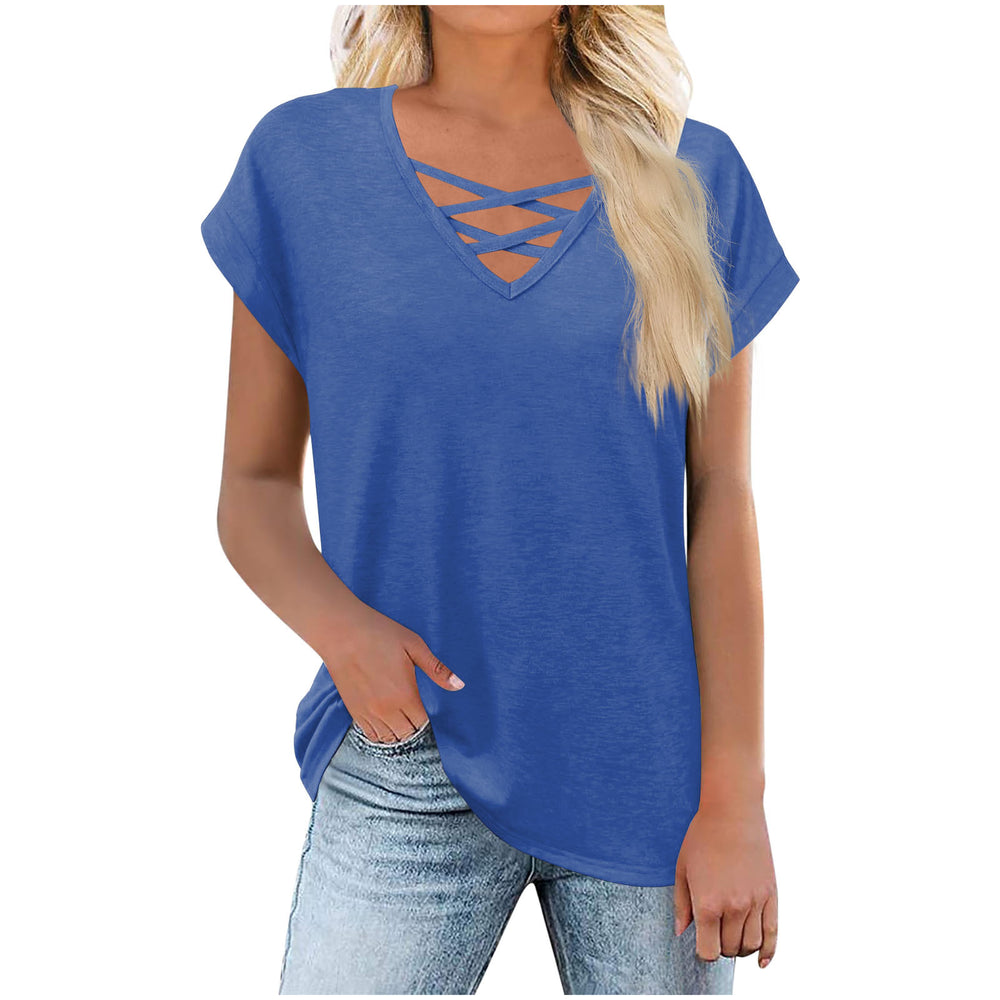 fashionexport cross-border  women's loose butterfly sleeve v-neck cross t-shirt tops short-sleeved shirt