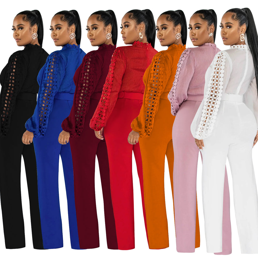 X6345   fashion women's belted lace hollow-out solid color long sleeve jumpsuit
