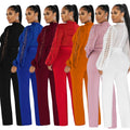 X6345   fashion women's belted lace hollow-out solid color long sleeve jumpsuit