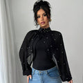 European and american cross-border women's fashion:  autumn new collection - mesh long sleeve puff sleeve beaded bodycon top