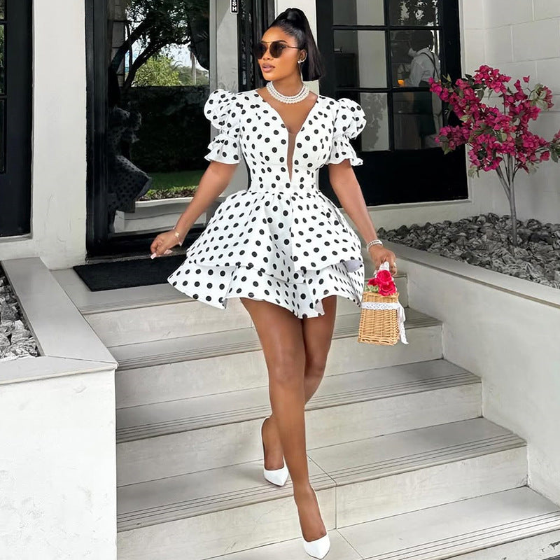 European and american cross-border women's fashion:  summer new arrival - elegant bubble sleeve v-neck polka dot high-waisted asymmetrical dress