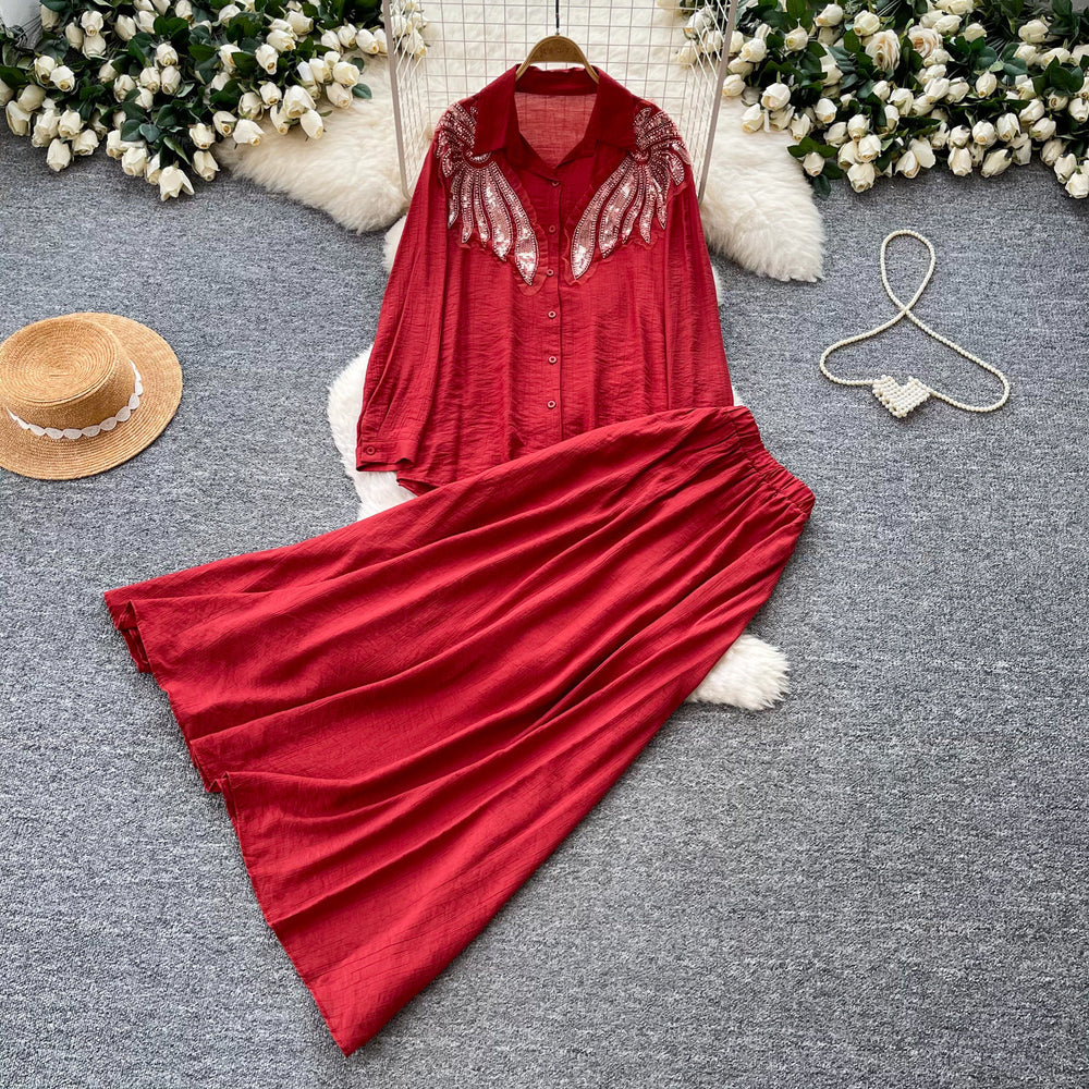 Gentle and lazy style heavy industry embroidered beads sequin lapel shirt skirt two-piece set for women autumslimming lookelegant