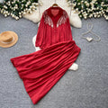 Gentle and lazy style heavy industry embroidered beads sequin lapel shirt skirt two-piece set for women autumslimming lookelegant