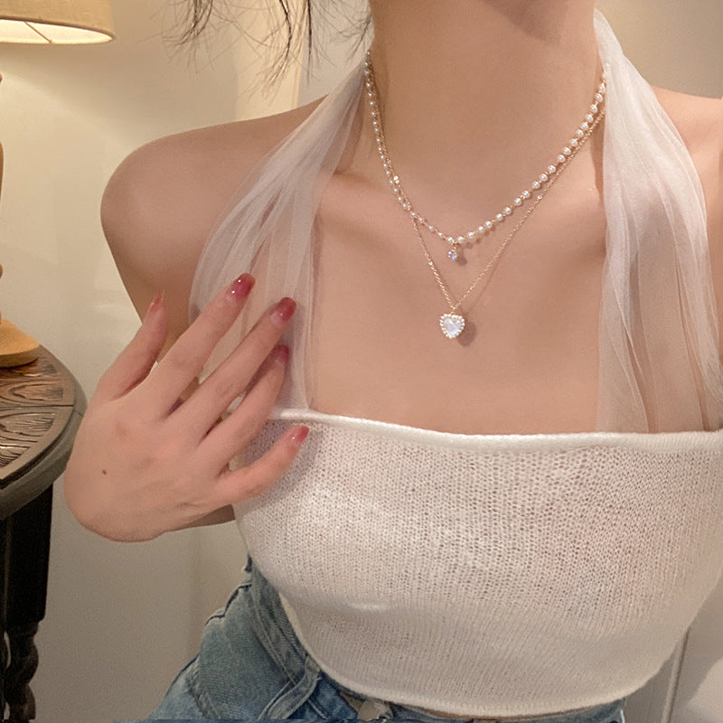 Summer pearl double-layer heart necklace for women - lightweight luxury design, unique layering, choker necklace, trending luxury style
