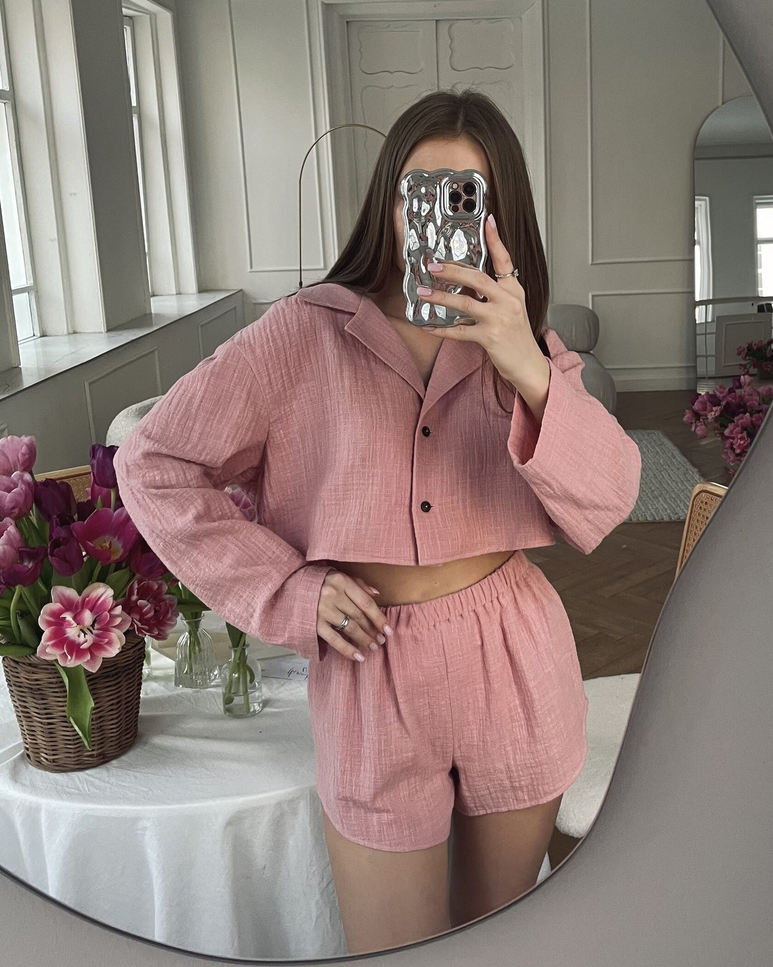 European and American casual women's clothing fashion v-neck long-sleeved cardigan shorts set sexy shorts set women