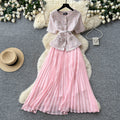 Xiaoxiangfengsequin round neck pleatedpatchworkdress women's summerclassy waist slimming lookpleated long skirt work clothing