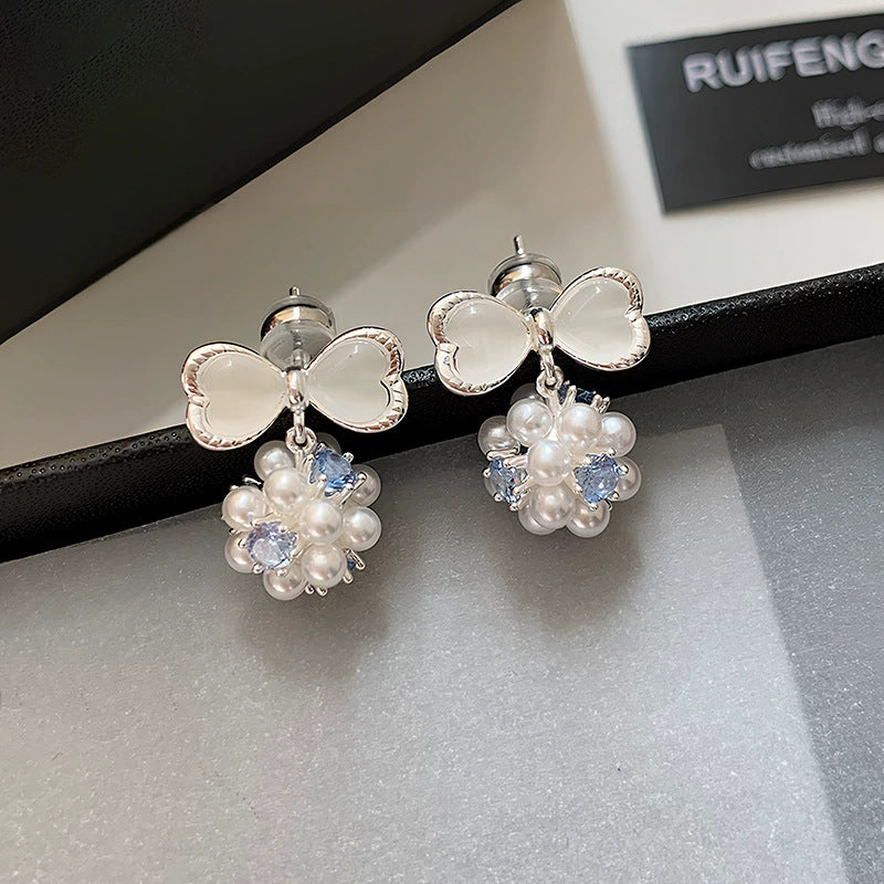 Silver needle cat's eye bow s-style pearl earrings - unique, beautiful, exquisite 5a zircon studs - high-end earrings