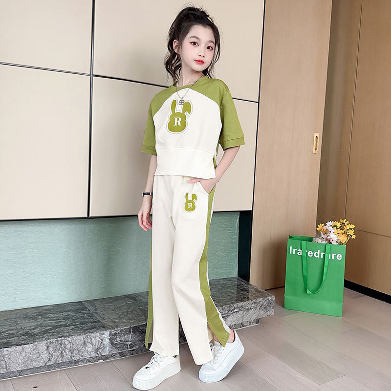 Girls' summer outfit set: wide-leg pants,  new style, trendy and chic, big kids' summer short-sleeve and long-pant two-piece set