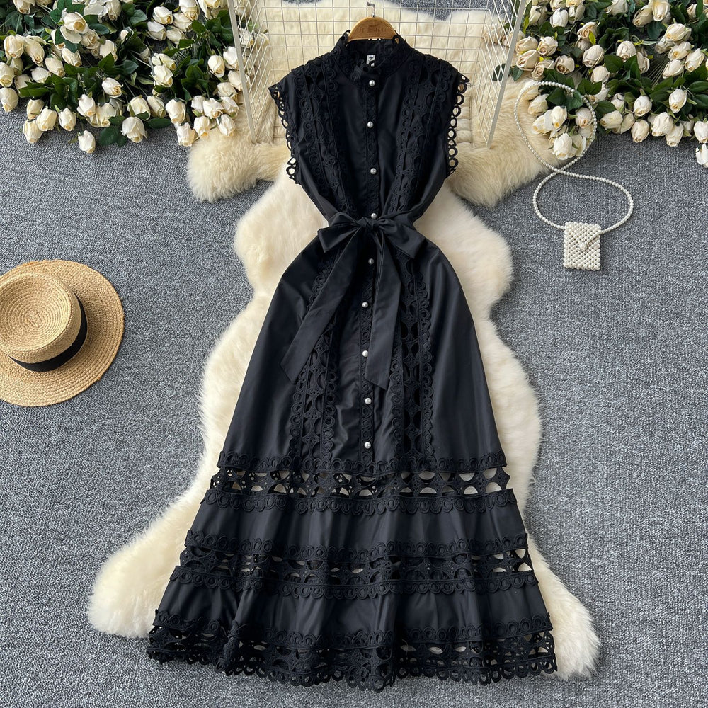 Frenchretro stand collar cut outlacepatchwork pearl single breasted waist slimming look long large swing dress for women
