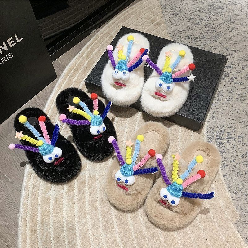 Thick sole fur slippers 2024new arrival cartoon cute autumn winter heightening non-slip flip-flops indoor home cotton slippers