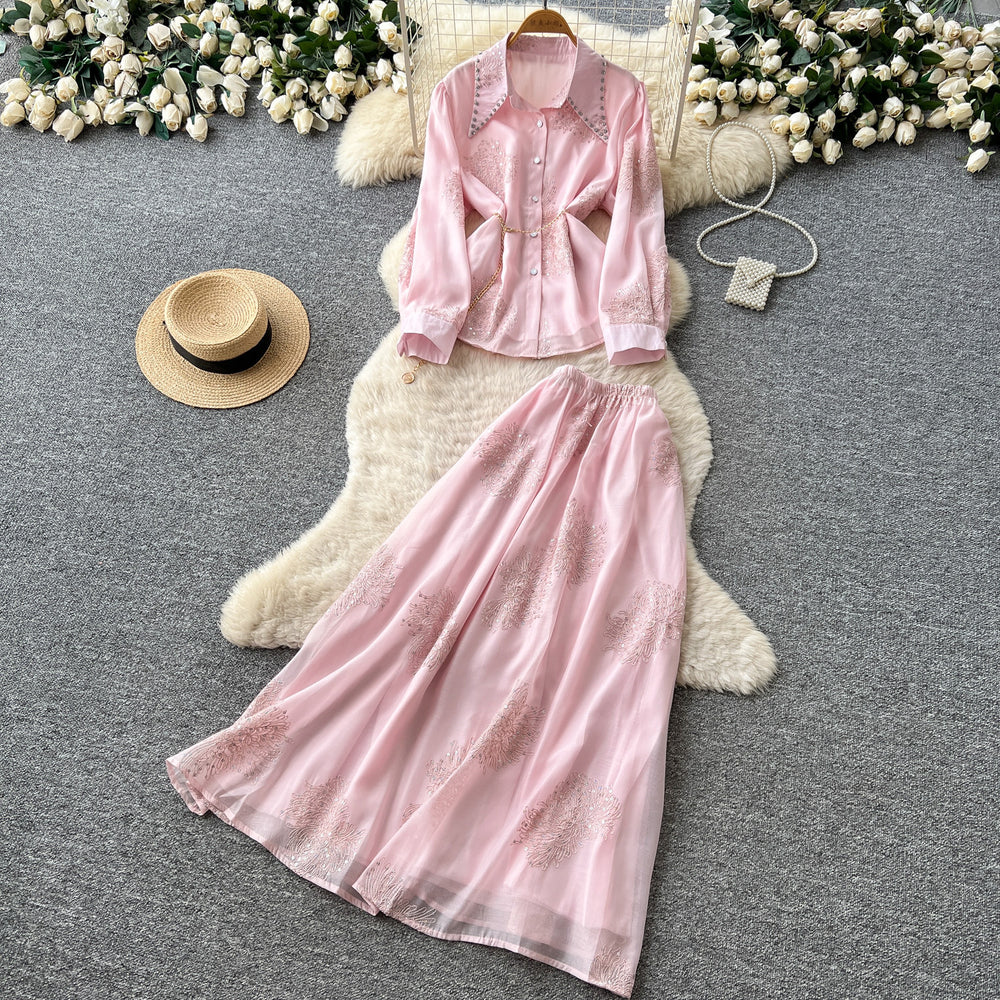 French chic embroidered mesh & rhinestone two-piece set - women's autumn long sleeve cinched waist tie-up high-end elegant outfit