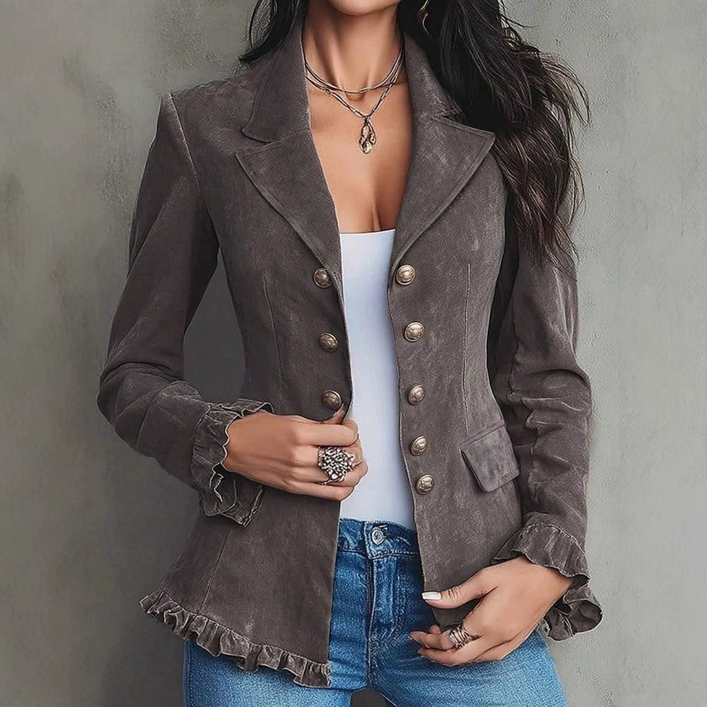 European and american cross-border exclusive: autumn/winter retro casual blazer with ruffle trim, slim-fit, and figure-flattering women's cropped jacket