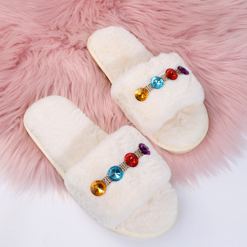 Fuzzy slippers - autumn/winter rhinestone 2024 new collection - open toe, wearable outdoors, cute and girly, cotton slippers, flat heel, comfortable slides