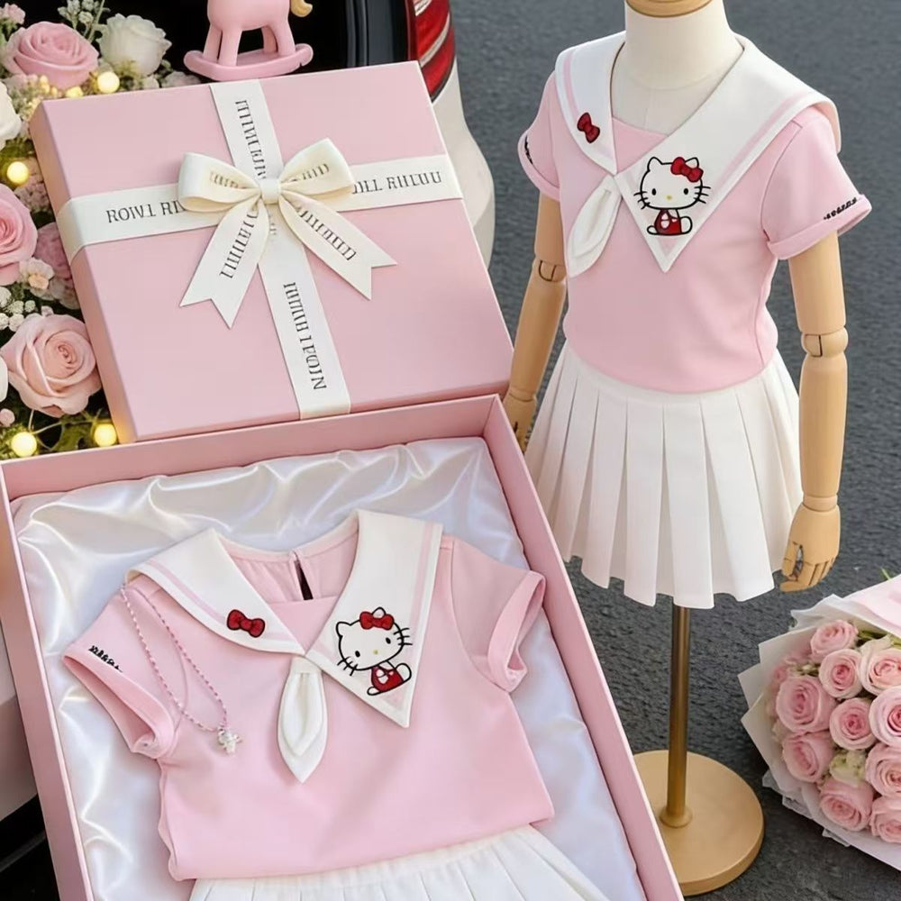 new girls' hello kitty nautical style outfit - summer pink short sleeve pleated skirt two-piece gift set