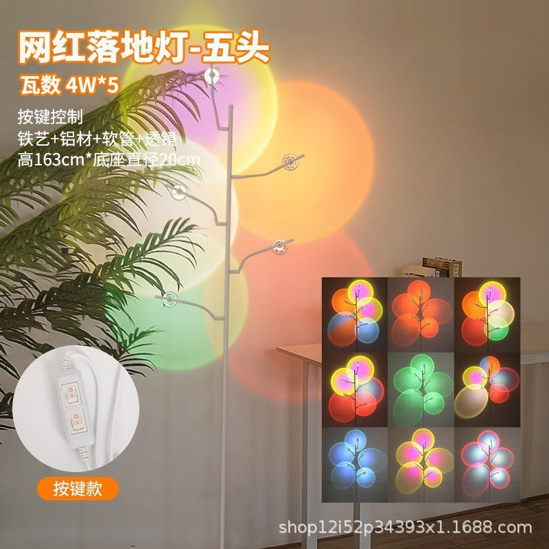 Five-head floor lamp with light and shadow projection - perfect for living room, bedroom, sunset & dawn ambiance, and popular live streaming background lighting