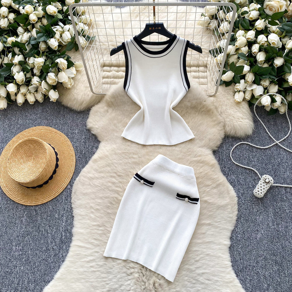 Trendy twee twee style two-piece set for women: autumn fashion color block crew neck sleeveless knit top & bodycon mini skirt