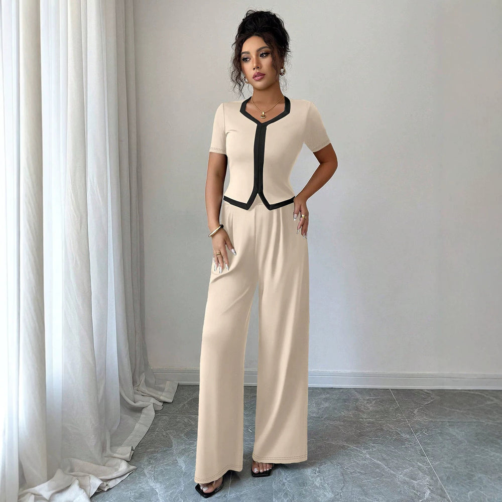 fashionsummernew arrivalcontrast colorv neck short-sleeved topsloose pantssuitwork clothingeleganttwo-piece set