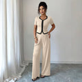 fashionsummernew arrivalcontrast colorv neck short-sleeved topsloose pantssuitwork clothingeleganttwo-piece set