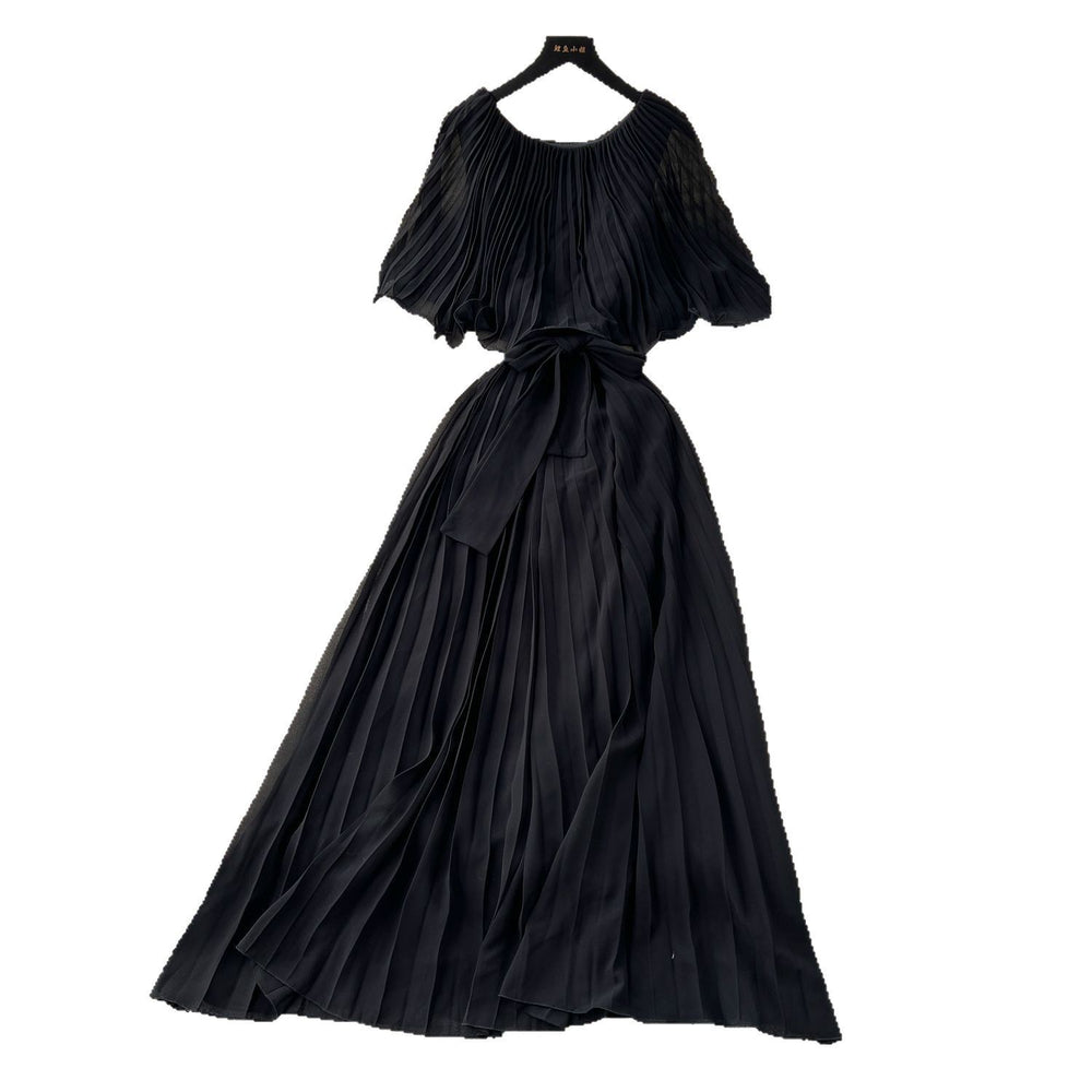 European and american fashion dress - women's french design with shawl sleeves, tie waist, elegant drape, pleated chiffon maxi dress