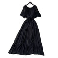 European and american fashion dress - women's french design with shawl sleeves, tie waist, elegant drape, pleated chiffon maxi dress